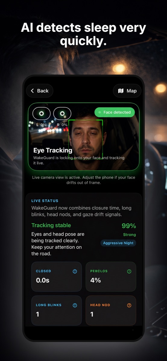 WakeGuard AI eye tracking — the anti-sleep alarm that watches eyes instead of waiting for a head drop