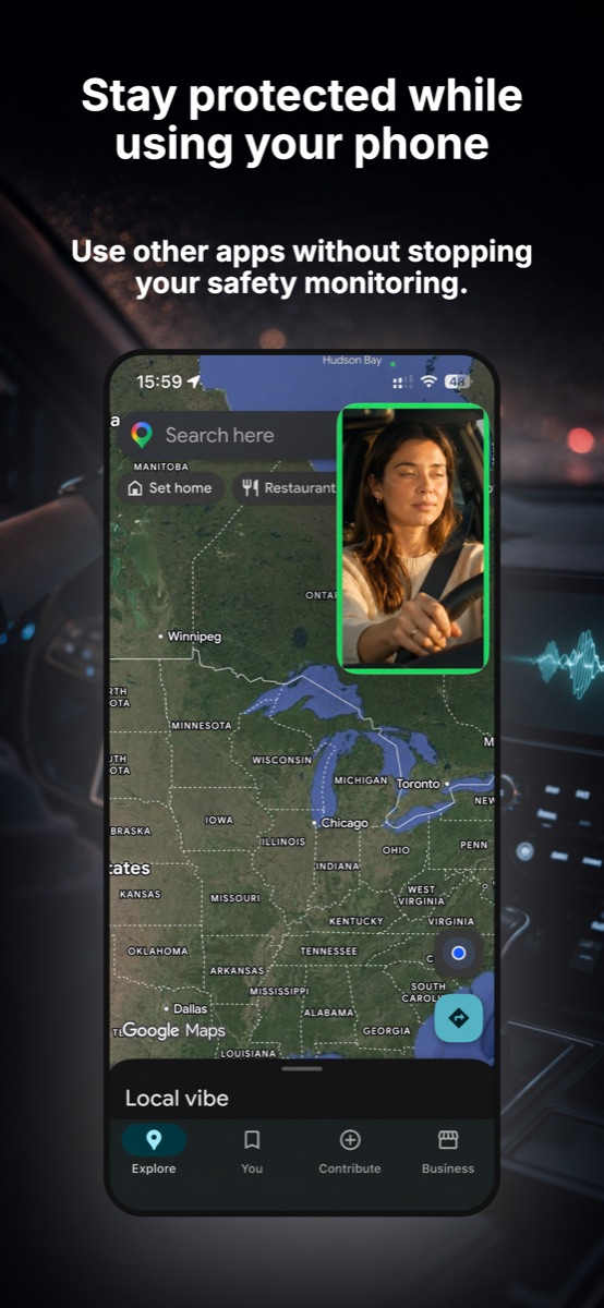 WakeGuard eye tracking running picture-in-picture over Google Maps on a road trip