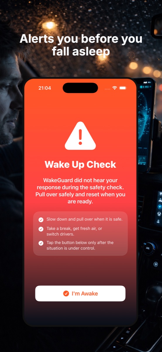 WakeGuard Wake Up Check alarm alerting a drowsy driver before falling asleep
