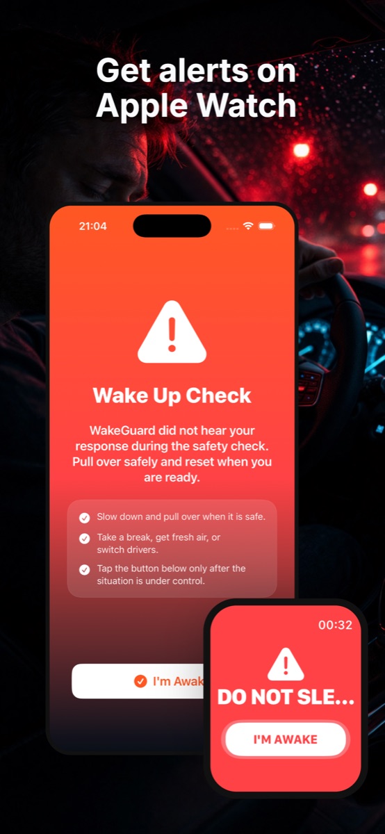 WakeGuard Apple Watch wake up alarm alerting a drowsy driver on the commute home